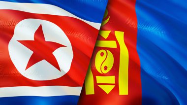 Kuzey Kore ve Moğolistan bayrakları. 3 boyutlu dalgalanan bayrak tasarımı. Kuzey Kore Moğolistan bayrağı, resim, duvar kağıdı. Kuzey Kore, Moğolistan 'a karşı, görüntü 3 boyutlu. Kuzey Kore Moğolistan ilişkileri
