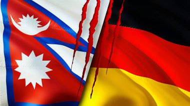 Nepal ve Almanya yara izi olan bayraklar. Dalgalanan bayrak, 3 boyutlu görüntüleme. Nepal ve Almanya çatışma konsepti. Nepal Almanya ilişkileri kavramı. Nepal ve Almanya bayrağı kriz, savaş, saldırı konsepti