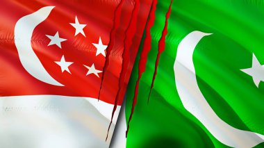 Singapur ve yara izi olan Pakistan bayrakları. Dalgalanan bayrak, 3 boyutlu görüntüleme. Singapur ve Pakistan çatışma konsepti. Singapur Pakistan ilişkileri kavramı. Singapur bayrağı ve Pakistan krizi, savaş