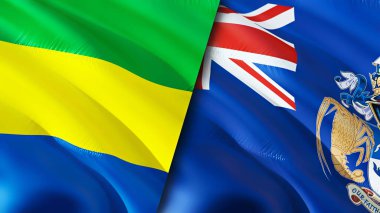 Gabon ve Tristan da Cunha bayrakları. 3 boyutlu dalgalanan bayrak tasarımı. Gabon Tristan da Cunha bayrağı, resim, duvar kağıdı. Gabon, Tristan da Cunha 'ya karşı, görüntü 3 boyutlu. Gabon Tristan da Cunha İlişkiler Birliği