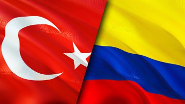 Türkiye ve Kolombiya bayrakları. 3 boyutlu dalgalanan bayrak tasarımı. Hindi Kolombiya bayrağı, resim, duvar kağıdı. Türkiye Kolombiya 'ya karşı, görüntü 3 boyutlu. Türkiye Kolombiya ilişkileri ittifak ve ticaret, seyahat, turizm konsepti