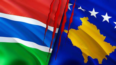 Gambiya ve Kosova yara izi kavramına sahip bayraklar. Dalgalanan bayrak, 3 boyutlu görüntüleme. Gambiya ve Kosova ihtilaf kavramı. Gambiya Kosova ilişkileri kavramı. Gambiya bayrağı ve Kosova krizi, savaş, saldırı konsepti
