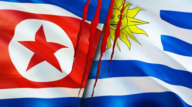 Kuzey Kore ve Uruguay 'da yara izi var. Dalgalanan bayrak, 3 boyutlu görüntüleme. Kuzey Kore ve ABD çatışma konsepti. Kuzey Kore ABD ilişkileri kavramı. Kuzey Kore bayrağı ve ABD krizi, savaş, attac