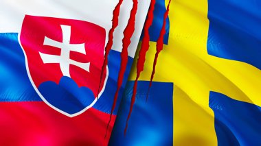 Yara izi olan Slovakya ve İsveç bayrakları. Dalgalanan bayrak, 3 boyutlu görüntüleme. Slovakya ve İsveç çatışma konsepti. Slovakya İsveç ilişkileri kavramı. Slovakya ve İsveç bayrağı krizi, savaş, saldırı konsepti