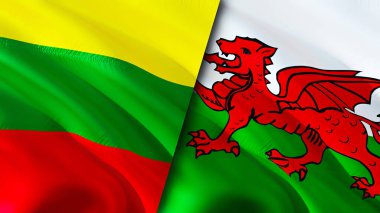 Litvanya ve Galler bayrakları. 3 boyutlu dalgalanan bayrak tasarımı. Litvanya Galler bayrağı, resim, duvar kağıdı. Litvanya, Galler 'e karşı, görüntü 3 boyutlu. Litvanya Galler ilişkileri ittifak ve ticaret, seyahat, turizm konsepti