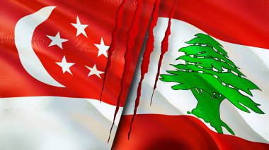 Yara izi olan Singapur ve Lübnan bayrakları. Dalgalanan bayrak, 3 boyutlu görüntüleme. Singapur ve Lübnan çatışma konsepti. Singapur Lübnan ilişkileri kavramı. Singapur ve Lübnan bayrağı krizi, savaş, attac