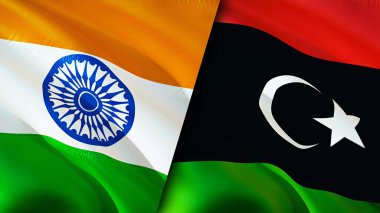 Hindistan ve Libya bayrakları. 3 boyutlu dalgalanan bayrak tasarımı. Hindistan Libya bayrağı, resim, duvar kağıdı. Hindistan Libya 'ya karşı, görüntü 3D. Hindistan Libya ilişkileri ittifak ve ticaret, seyahat, turizm konsepti