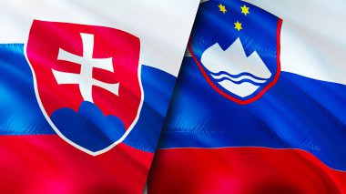 Slovakya ve Slovenya bayrakları. 3 boyutlu dalgalanan bayrak tasarımı. Slovakya Slovenya bayrağı, resim, duvar kağıdı. Slovakya, Slovenya 'ya karşı görüntü, 3D görüntüleme. Slovakya Slovenya ilişkileri ittifak ve ticaret, seyahat, turnuva