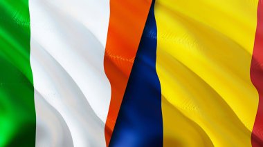 İrlanda ve Çad bayrakları. 3 boyutlu dalgalanan bayrak tasarımı. İrlanda Çad bayrağı, resim, duvar kağıdı. İrlanda, Chad 'e karşı, görüntü 3 boyutlu. İrlanda Çad ilişkileri savaş ittifakı kavramı. Ticaret, turizm kavramı