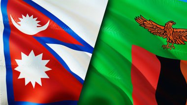 Nepal ve Zambiya bayrakları. 3 boyutlu dalgalanan bayrak tasarımı. Nepal Zambiya bayrağı, resim, duvar kağıdı. Nepal, Zambiya 'ya karşı, görüntü 3 boyutlu. Nepal Zambiya ilişkileri ittifak ve ticaret, seyahat, turizm konsepti