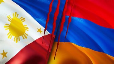 Yara izi olan Filipinler ve Ermenistan bayrakları. Dalgalanan bayrak, 3 boyutlu görüntüleme. Filipinler ve Ermenistan çatışması konsepti. Filipinler Ermeni İlişkileri konsepti. Filipinler ve Armeni bayrağı