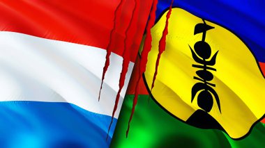 Lüksemburg ve Yeni Kaledonya bayrakları ve yara izi konsepti. Dalgalanan bayrak, 3 boyutlu görüntüleme. Lüksemburg ve Yeni Kaledonya çatışma konsepti. Lüksemburg Yeni Kaledonya ilişkileri kavramı. Lüksemburg ve Ne bayrağı