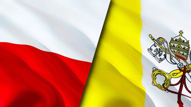 Polonya ve Vatikan bayrakları. 3 boyutlu dalgalanan bayrak tasarımı. Polonya Vatikan bayrağı, resim, duvar kağıdı. Polonya, Vatikan 'a karşı, 3 boyutlu görüntüleme. Polonya Vatikan ilişkileri ittifak ve ticaret, seyahat, turizm konsepti