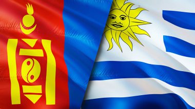 Moğolistan ve Uruguay bayrakları. 3 boyutlu dalgalanan bayrak tasarımı. Moğolistan Uruguay bayrağı, resim, duvar kağıdı. Moğolistan, Uruguay 'a karşı, görüntü 3 boyutlu. Moğolistan Uruguay ilişkileri ittifak ve ticaret, seyahat, turnuva