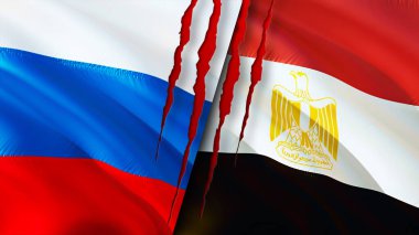 Rusya ve Mısır yara izi kavramına sahip bayraklar. Dalgalanan bayrak, 3 boyutlu görüntüleme. Rusya ve Mısır çatışma konsepti. Rusya Mısır ilişkileri kavramı. Rusya ve Mısır krizi bayrağı, savaş, saldırı konsepti