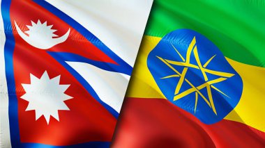 Nepal ve Etiyopya bayrakları. 3 boyutlu dalgalanan bayrak tasarımı. Nepal Etiyopya bayrağı, resim, duvar kağıdı. Nepal, Etiyopya 'ya karşı, görüntü 3 boyutlu. Nepal Etiyopya ilişkileri ittifak ve ticaret, seyahat, turizm konsepti