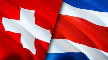 İsviçre ve Kosta Rika bayrakları. 3 boyutlu dalgalanan bayrak tasarımı. İsviçre Kosta Rika bayrağı, resim, duvar kağıdı. İsviçre Kosta Rika 'ya karşı, görüntü 3 boyutlu. İsviçre Kosta Rika ilişkileri