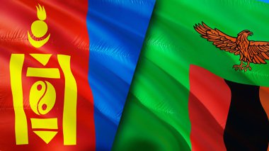 Moğolistan ve Zambiya bayrakları. 3 boyutlu dalgalanan bayrak tasarımı. Moğolistan Zambiya bayrağı, resim, duvar kağıdı. Moğolistan, Zambiya 'ya karşı, görüntü 3 boyutlu. Moğolistan Zambiya ilişkileri ittifak ve ticaret, seyahat, turizm konsepti