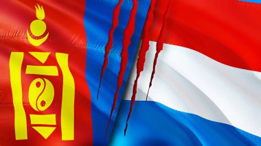 Yara izi olan Moğolistan ve Lüksemburg bayrakları. Dalgalanan bayrak, 3 boyutlu görüntüleme. Moğolistan ve Lüksemburg çatışma konsepti. Moğolistan Lüksemburg ilişkileri kavramı. Moğolistan ve Lüksembour bayrağı