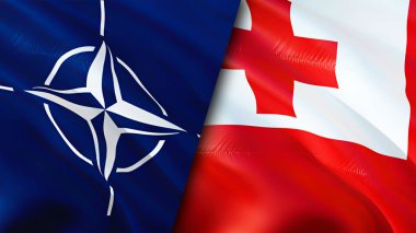 NATO ve Tonga bayrakları. 3 boyutlu dalgalanan bayrak tasarımı. Tonga NATO bayrağı, resim, duvar kağıdı. NATO, Tonga 'ya karşı, görüntü 3 boyutlu. NATO Tonga ilişkileri ittifak ve ticaret, seyahat, turizm konsepti
