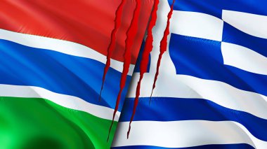 Gambiya ve Yunanistan yara izi kavramına sahip bayraklar. Dalgalanan bayrak, 3 boyutlu görüntüleme. Gambiya ve Yunanistan çatışma konsepti. Gambiya Yunanistan ilişkileri kavramı. Gambiya ve Yunanistan bayrağı kriz, savaş, saldırı konsepti