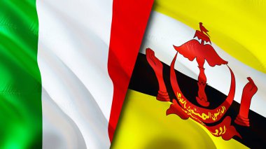 İtalya ve Brunei bayrakları. 3 boyutlu dalgalanan bayrak tasarımı. İtalya Brunei bayrağı, resim, duvar kağıdı. İtalya Brunei 'ye karşı, görüntü 3 boyutlu. İtalya Brunei ilişkileri ittifak ve ticaret, seyahat, turizm konsepti
