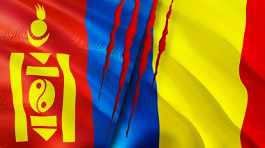 Moğolistan ve Romanya yara izi kavramına sahip bayraklar. Dalgalanan bayrak, 3 boyutlu görüntüleme. Moğolistan ve Romanya çatışma konsepti. Moğolistan Romanya ilişkileri kavramı. Moğolistan bayrağı ve Romanya krizi, savaş, attac