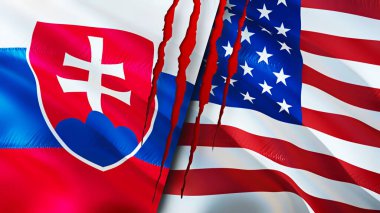 Slovakya ve ABD bayrakları yara izi kavramına sahip. Dalgalanan bayrak, 3 boyutlu görüntüleme. Slovakya ve ABD çatışma konsepti. Slovakya ABD ilişkileri kavramı. Slovakya bayrağı ve ABD krizi, savaş, saldırı konsepti