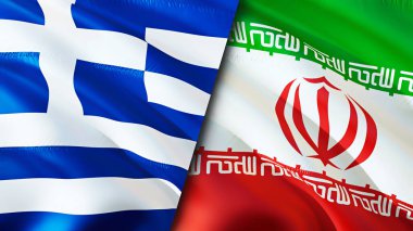 Yunanistan ve İran bayrakları. 3 boyutlu dalgalanan bayrak tasarımı. Yunanistan İran bayrağı, resim, duvar kağıdı. Yunanistan, İran 'a karşı, görüntü 3 boyutlu. Yunanistan İran ilişkileri ittifak ve ticaret, seyahat ve turizm kavramları