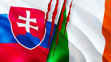 Slovakya ve İrlanda bayraklarında yara izi var. Dalgalanan bayrak, 3 boyutlu görüntüleme. Slovakya ve İrlanda çatışma konsepti. Slovakya İrlanda ilişkileri kavramı. Slovakya ve İrlanda bayrağı krizi, savaş, attac