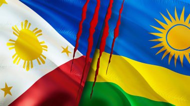 Yara izi olan Filipinler ve Ruanda bayrakları. Dalgalanan bayrak, 3 boyutlu görüntüleme. Filipinler ve Ruanda çatışma konsepti. Filipinler Ruanda ilişkileri konsepti. Filipinler bayrağı ve Ruanda krizi, savaş