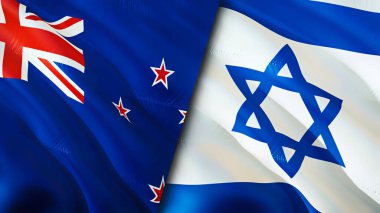 Yeni Zelanda ve İsrail bayrakları. 3 boyutlu dalgalanan bayrak tasarımı. Yeni Zelanda İsrail bayrağı, resim, duvar kağıdı. Yeni Zelanda, İsrail 'e karşı, görüntü 3D. Yeni Zelanda İsrail ilişkileri savaş ittifakı kavramı. Ticaret.