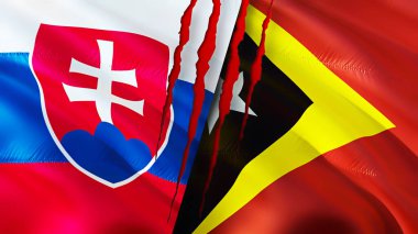 Slovakya ve Doğu Timor bayraklarında yara izi var. Dalgalanan bayrak, 3 boyutlu görüntüleme. Slovakya ve Doğu Timor çatışma konsepti. Slovakya Doğu Timor ilişkileri kavramı. Slovakya ve Doğu Timo bayrağı