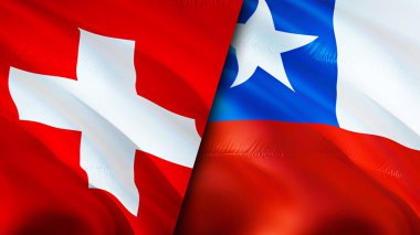 İsviçre ve Şili bayrakları. 3 boyutlu dalgalanan bayrak tasarımı. İsviçre Şili bayrağı, resim, duvar kağıdı. İsviçre, Şili 'ye karşı, görüntü 3D. İsviçre Şili ilişkileri ittifak ve ticaret, seyahat, turnuva