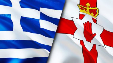 Yunanistan ve Kuzey İrlanda bayrakları. 3 boyutlu dalgalanan bayrak tasarımı. Yunanistan Kuzey İrlanda bayrağı, resim, duvar kağıdı. Yunanistan, Kuzey İrlanda 'ya karşı, görüntü 3D. Yunanistan Kuzey İrlanda ilişkileri ittifak