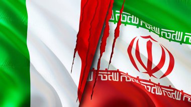 İtalya ve İran yara izi kavramına sahip bayraklar. Dalgalanan bayrak, 3 boyutlu görüntüleme. İtalya ve İran çatışma konsepti. İtalya İran ilişkileri kavramı. İtalya ve İran bayrağı krizi, savaş, saldırı konsepti