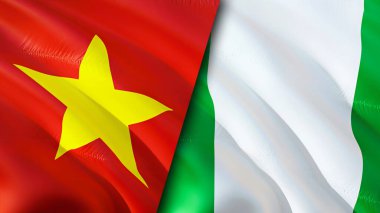 Vietnam ve Nijerya bayraklarında yara izi var. Dalgalanan bayrak, 3 boyutlu görüntüleme. Vietnam ve Nijerya çatışma konsepti. Vietnam Nijerya ilişkileri kavramı. Vietnam ve Nijerya bayrağı krizi, savaş, saldırı konsepti