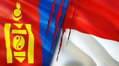 Yara izi olan Moğolistan ve Endonezya bayrakları. Dalgalanan bayrak, 3 boyutlu görüntüleme. Moğolistan ve Endonezya çatışma konsepti. Moğolistan Endonezya ilişkileri kavramı. Moğolistan bayrağı ve Endonezya krizi, savaş