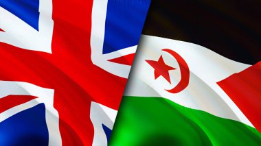 Birleşik Krallık ve Batı Sahra bayrakları. 3 boyutlu dalgalanan bayrak tasarımı. Birleşik Krallık Batı Sahra bayrağı, resim, duvar kağıdı. Birleşik Krallık, Batı Sahra 'ya karşı, görüntü 3D. Birleşik Krallık Wester