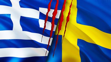 Yara izi olan Yunanistan ve İsveç bayrakları. Dalgalanan bayrak, 3 boyutlu görüntüleme. Yunanistan ve İsveç çatışma konsepti. Yunanistan İsveç ilişkileri kavramı. Yunanistan bayrağı ve İsveç krizi, savaş, saldırı konsepti