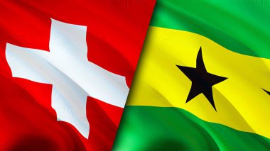 İsviçre ve Sao Tome ve Principe bayrakları. 3 boyutlu dalgalanan bayrak tasarımı. İsviçre Sao Tome ve Principe bayrağı, resim, duvar kağıdı. İsviçre, Sao Tome ve Principe 'ye karşı, görüntü 3D. İsviçre