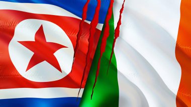 Yara izi olan Kuzey Kore ve İrlanda bayrakları. Dalgalanan bayrak, 3 boyutlu görüntüleme. Kuzey Kore ve İrlanda çatışma konsepti. Kuzey Kore İrlanda ilişkileri kavramı. Kuzey Kore ve Irelan bayrağı