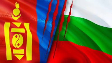 Moğolistan ve Bulgaristan yara izi kavramına sahip bayraklar. Dalgalanan bayrak, 3 boyutlu görüntüleme. Moğolistan ve Bulgaristan ihtilaf kavramı. Moğolistan Bulgaristan ilişkileri kavramı. Moğolistan bayrağı ve Bulgaristan krizi, savaş, attac