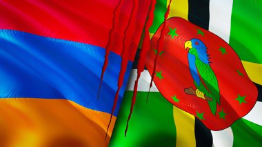 Yara izi olan Ermenistan ve Dominica bayrakları. Dalgalanan bayrak, 3 boyutlu görüntüleme. Ermenistan ve Dominica çatışma konsepti. Ermenistan Dominika ilişkileri kavramı. Ermenistan bayrağı ve Dominika krizi, savaş,