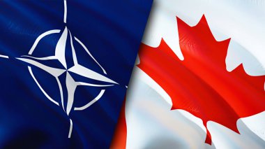 NATO ve Kanada bayrakları. 3 boyutlu dalgalanan bayrak tasarımı. Kanada NATO bayrağı, resim, duvar kağıdı. NATO, Kanada 'ya karşı imaj, 3D görüntüleme. NATO Kanada ilişkileri ittifak ve ticaret, seyahat, turizm konsepti