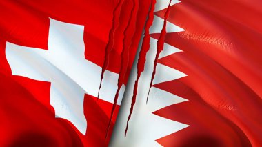 Yara izi olan İsviçre ve Bahreyn bayrakları. Dalgalanan bayrak, 3 boyutlu görüntüleme. İsviçre ve Bahreyn çatışma konsepti. İsviçre Bahreyn ilişkileri kavramı. İsviçre ve Bahrai bayrağı