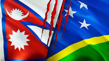 Nepal ve Solomon Adaları yara izi olan bayraklar. Dalgalanan bayrak, 3 boyutlu görüntüleme. Nepal ve Solomon Adaları çatışma konsepti. Nepal Solomon Adaları ilişkileri kavramı. Nepal ve Solomon Adasının bayrağı