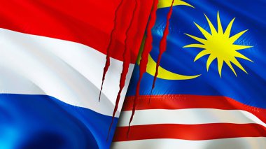 Hollanda ve Malezya bayrakları yara izi konseptiyle. Dalgalanan bayrak, 3 boyutlu görüntüleme. Hollanda ve Malezya çatışma konsepti. Hollanda Malezya ilişkileri kavramı. Hollanda ve Malezya bayrağı