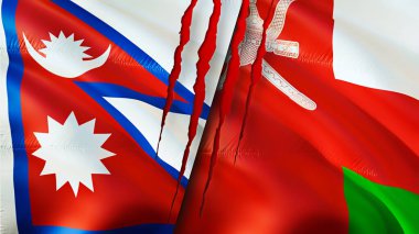 Nepal ve Umman yara izi olan bayraklar. Dalgalanan bayrak, 3 boyutlu görüntüleme. Nepal ve Umman çatışma konsepti. Nepal Oman ilişkileri kavramı. Nepal ve Umman bayrağı kriz, savaş, saldırı konsepti