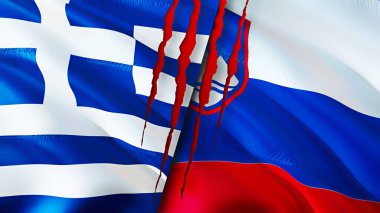 Yara izi kavramına sahip Yunanistan ve Slovenya bayrakları. Dalgalanan bayrak, 3 boyutlu görüntüleme. Yunanistan ve Slovenya ihtilaf kavramı. Yunanistan Slovenya ilişkileri kavramı. Yunanistan ve Slovenya 'nın bayrağı kriz, savaş, saldırı konsepti